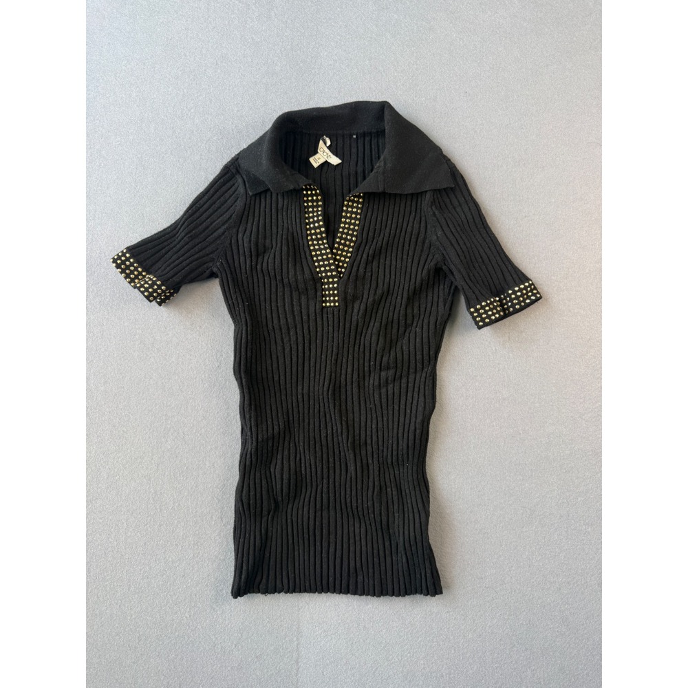 Cache Womens Black Studded Ribbed Knit Polo Top Short Sleeve Gold Studs Small